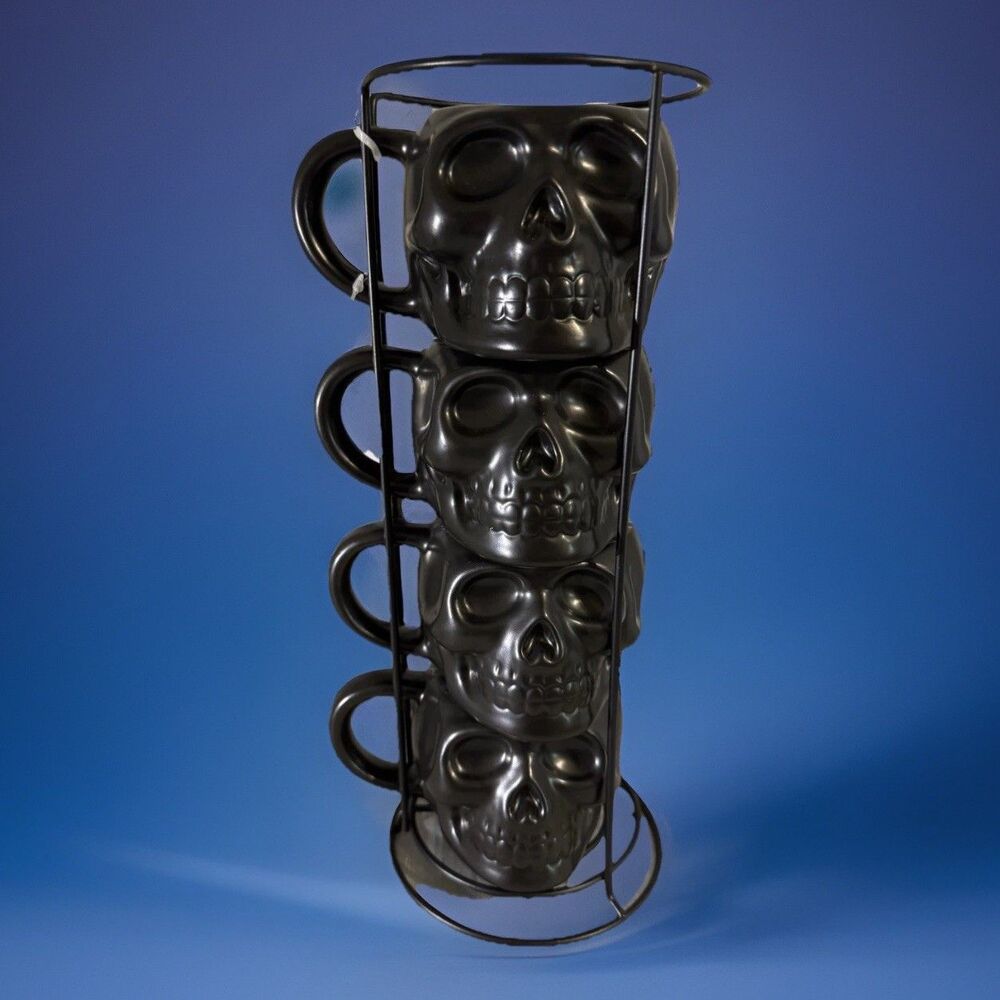 Set of 4 Black Skull Stoneware Stackable Coffee/tea Set with Iron Rack